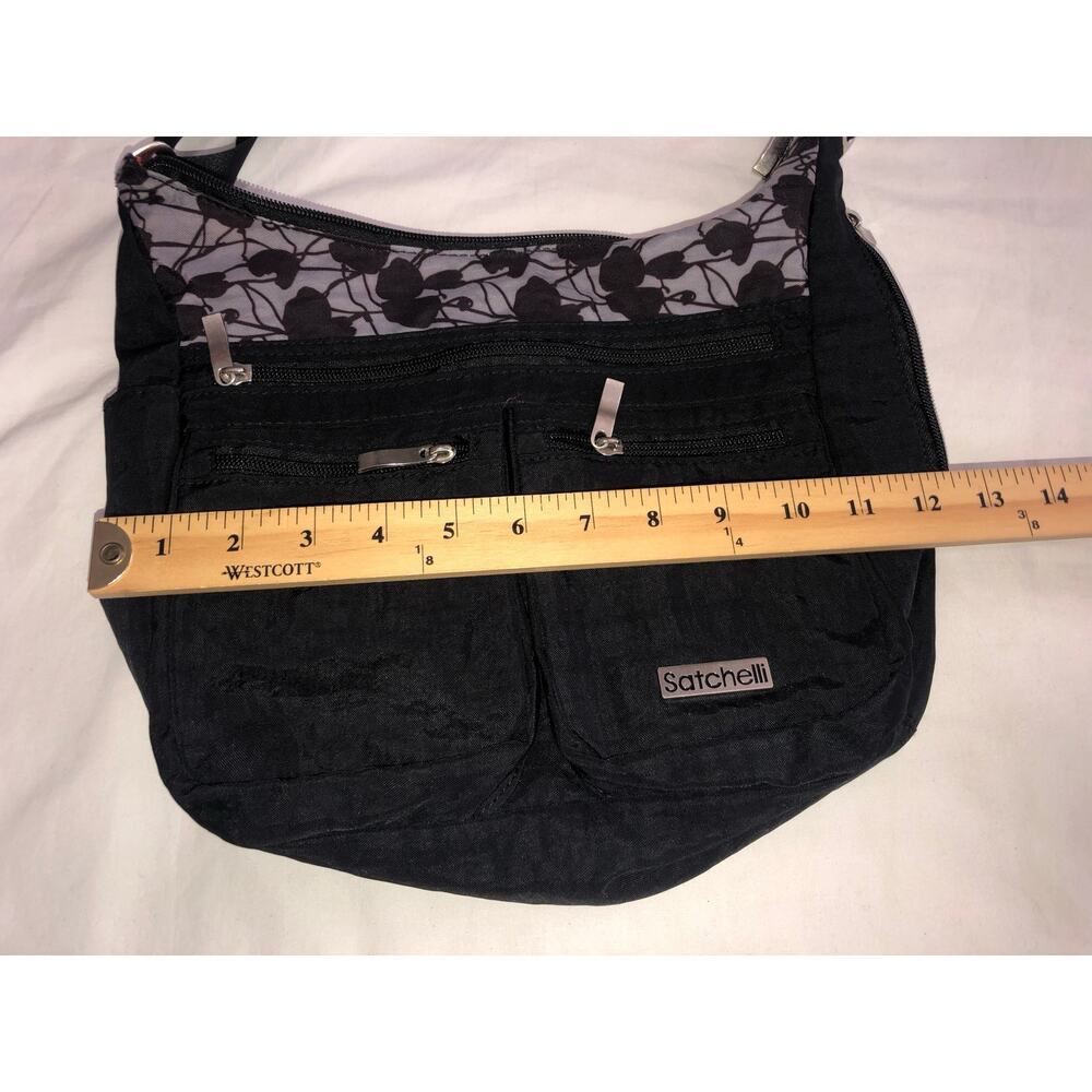 Satchelli Anti Theft RFID Crossbody Travel Bag Hobo Purse Black Floral Accent - Picture 8 of 9